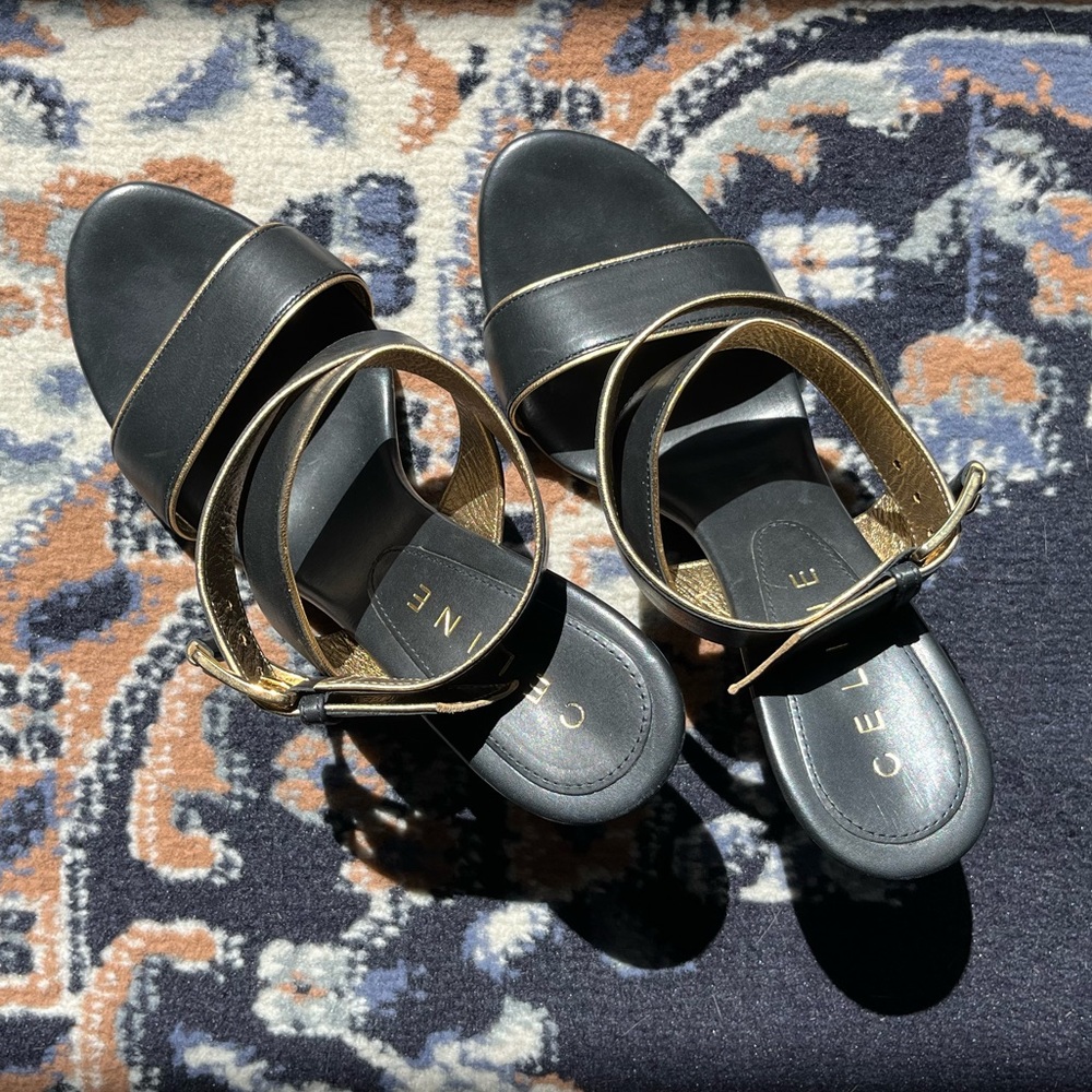 CELINE Leather High Heel Sandals, Black/Gold, size EU 38, US 7-8